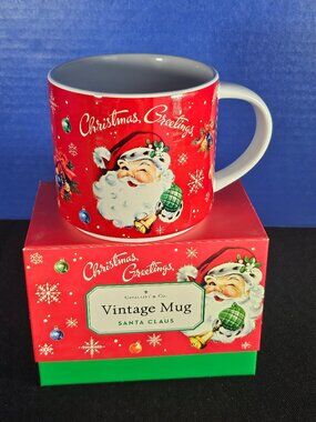 Cavallini & Co. Santa Claus Vintage Mug Christmas Greetings NIB Gift Collectible